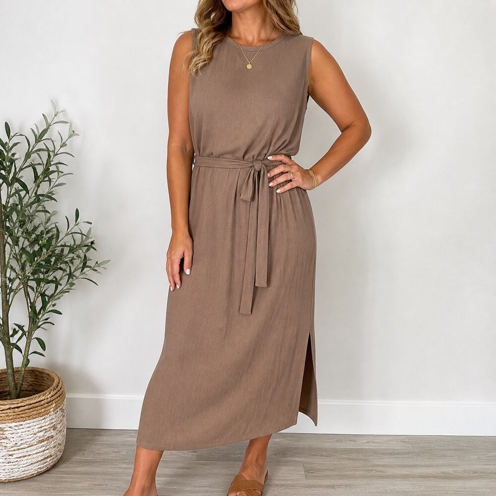 Zenobia Tan Sleeveless Linen Blend Midi Dress Sz 2X